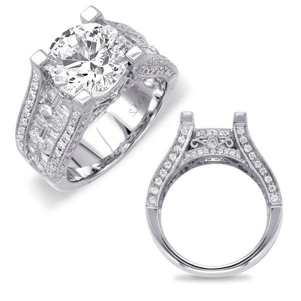 This Engagement Ring  is available in 14K White Gold. There are a total of 128 stones. There are Marquise with a total carat weight of 0.29 set in a Bezel Set|Channel Set|Micro Pave setting.There are Rounds stones with a total carat weight of 0.45 set in a Bezel Set|Channel Set|Micro Pave.