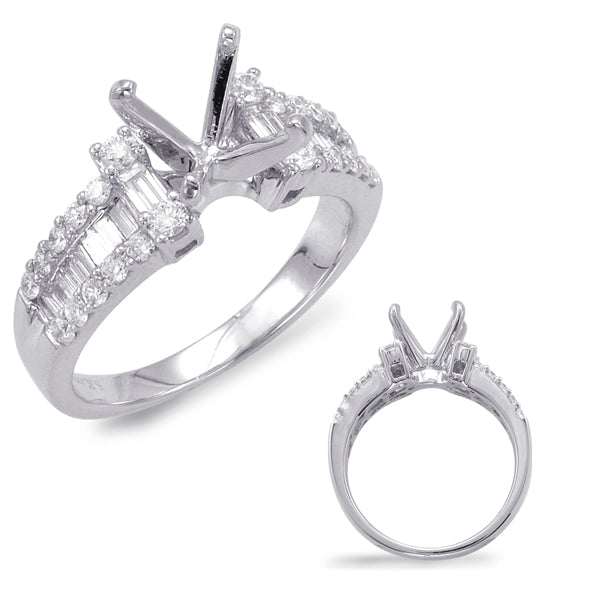This Engagement Ring  is available in 14K White Gold. There are a total of 34 stones. There are Baguette with a total carat weight of 0.35 set in a Channel Set|Prong Set setting.There are Rounds stones with a total carat weight of 0.44 set in a Channel Set|Prong Set.
