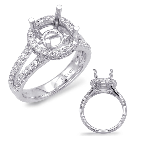 This Engagement Ring  is available in 14K White Gold. There are a total of 74 stones. There are Rounds with a total carat weight of 0.85 set in a Micro Prong|Prong Set setting.