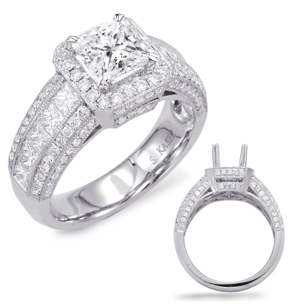 This Engagement Ring  is available in 14K White Gold. There are a total of 124 stones. There are Princess with a total carat weight of 0.93 set in a Channel Set|Micro Pave|Micro Prong setting.There are Rounds stones with a total carat weight of 0.67 set in a Channel Set|Micro Pave|Micro Prong.
