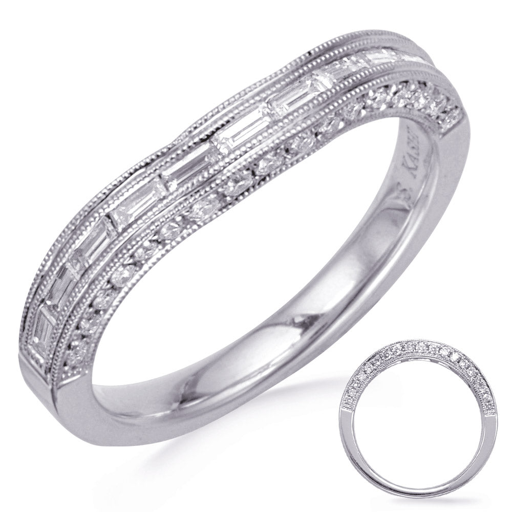 This Band is available in 14K White Gold. There are a total of 30 stones. There are Baguette with a total carat weight of 0.27 set in a  setting.There are Round stones with a total carat weight of 0.14 set in a .