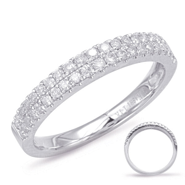 This Band is available in 14K White Gold. There are a total of 42 stones. There are Round with a total carat weight of 0.38 set in a Micro Prong setting.
