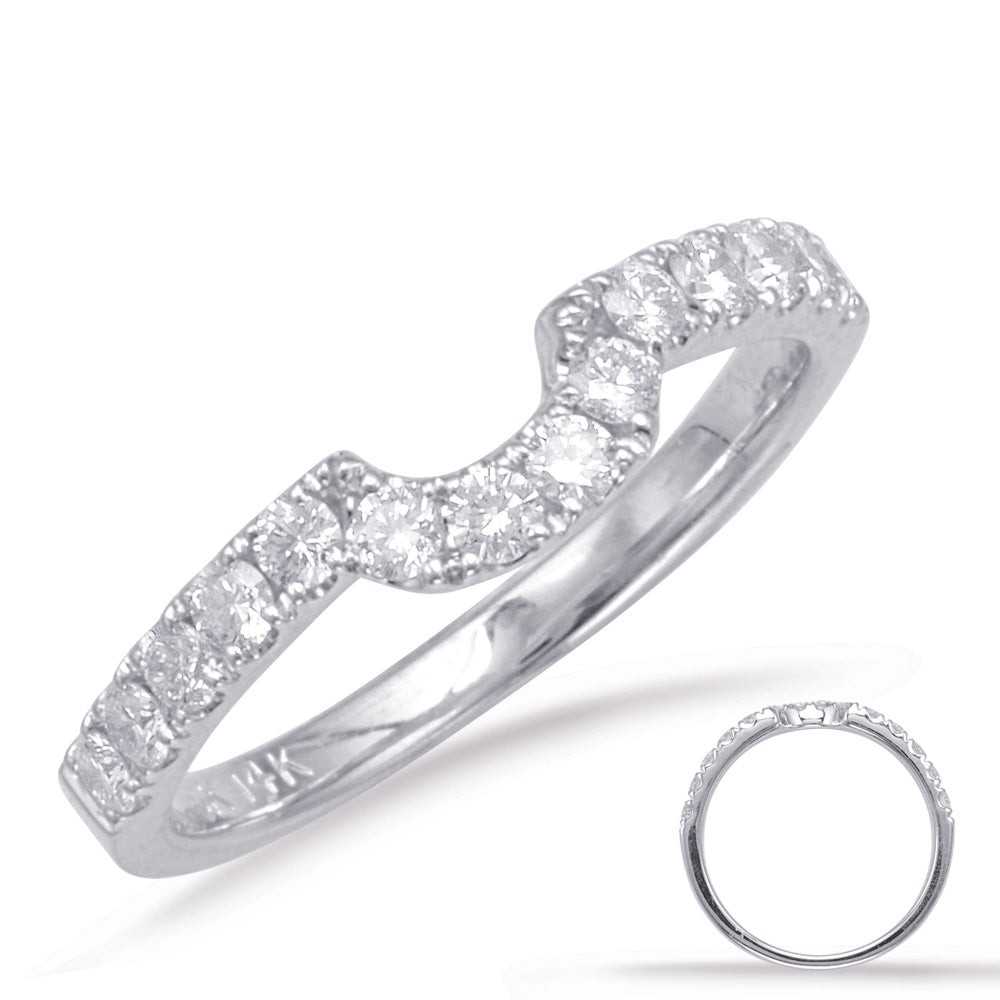 This Band is available in 14K White Gold. There are a total of 14 stones. There are Round with a total carat weight of 0.43 set in a Micro Prong setting.