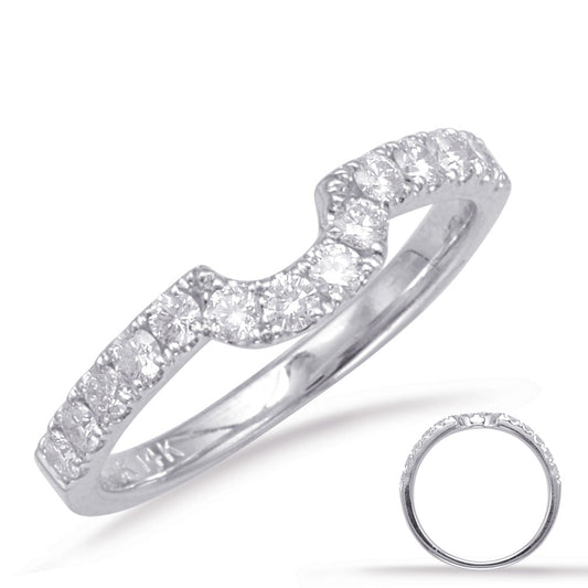 This Band is available in 14K White Gold. There are a total of 14 stones. There are Round with a total carat weight of 0.43 set in a Micro Prong setting.