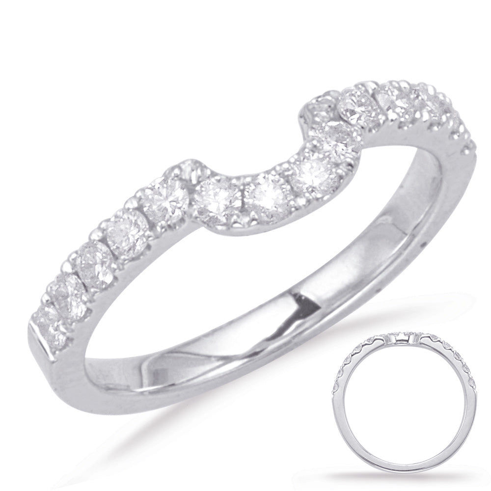 This Band is available in 14K White Gold. There are a total of 14 stones. There are Round with a total carat weight of 0.43 set in a Prong Set setting.