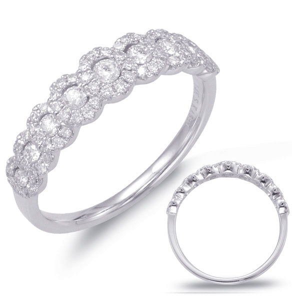 This Band is available in 14K White Gold. There are a total of 77 stones. There are Round with a total carat weight of 0.5 set in a  setting.