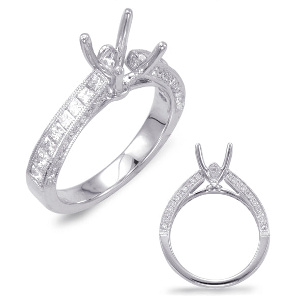 This Engagement Ring  is available in 14K White Gold. There are a total of 62 stones. There are Princess with a total carat weight of 0.7 set in a Bezel Set|Channel Set|Micro Pave setting.There are Rounds stones with a total carat weight of 0.22 set in a Bezel Set|Channel Set|Micro Pave.