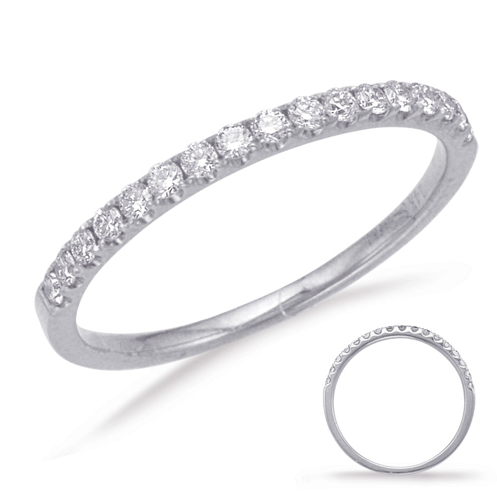 This Band is available in 14K White Gold. There are a total of 13 stones. There are Round with a total carat weight of 0.46 set in a Micro Prong setting.