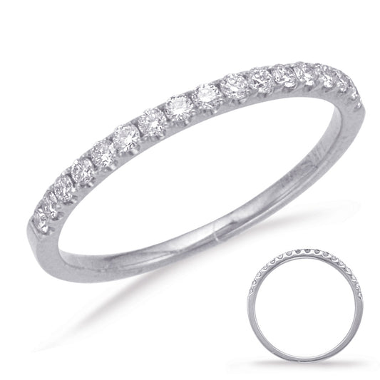 This Band is available in 14K White Gold. There are a total of 13 stones. There are Round with a total carat weight of 0.46 set in a Micro Prong setting.