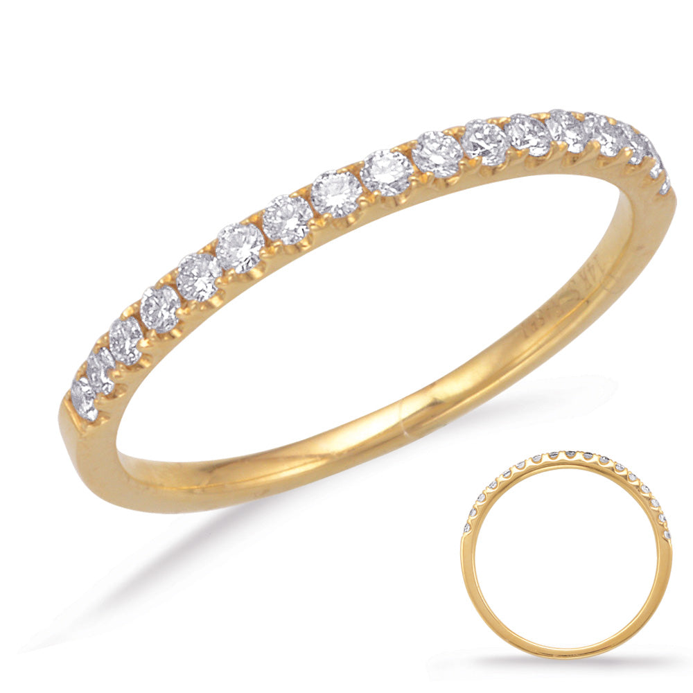 This Band is available in 14K Yellow Gold. There are a total of 17 stones. There are Round with a total carat weight of 0.26 set in a Micro Prong setting.