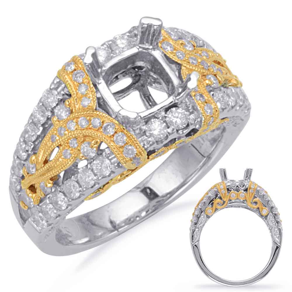 This Engagement Ring  is available in 14K Yellow & White Gold. There are a total of 96 stones. There are Rounds with a total carat weight of 1.24 set in a Bezel Set|Micro Pave|Prong Set setting.