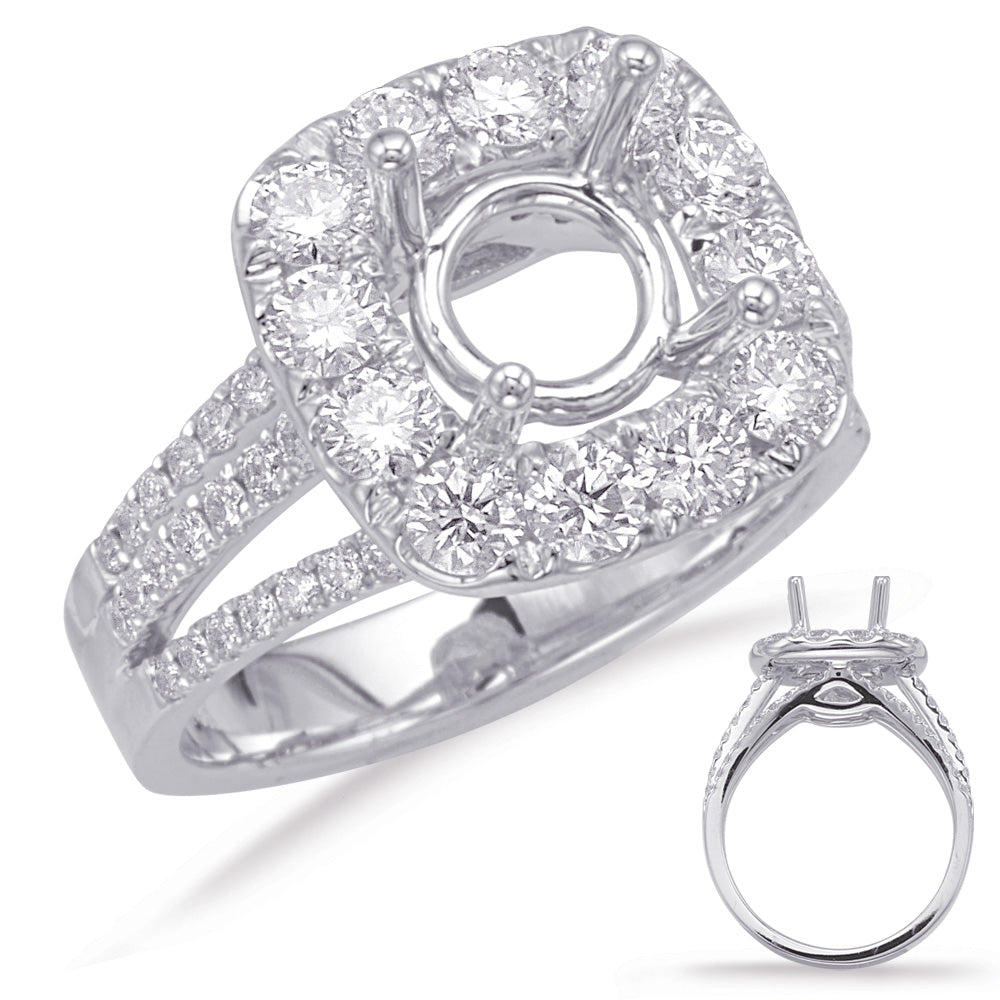 This Engagement Ring  is available in 14K White Gold. There are a total of 66 stones. There are Rounds with a total carat weight of 1.52 set in a Micro Prong|Prong Set setting.