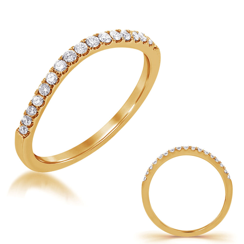 This Band is available in 14K Yellow Gold. There are a total of 17 stones. There are Round with a total carat weight of 0.2 set in a Micro Prong setting.