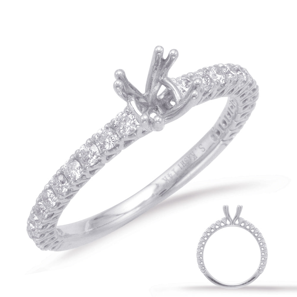 This Engagement Ring  is available in 14K White Gold. There are a total of 24 stones. There are Rounds with a total carat weight of 0.38 set in a Micro Prong setting.