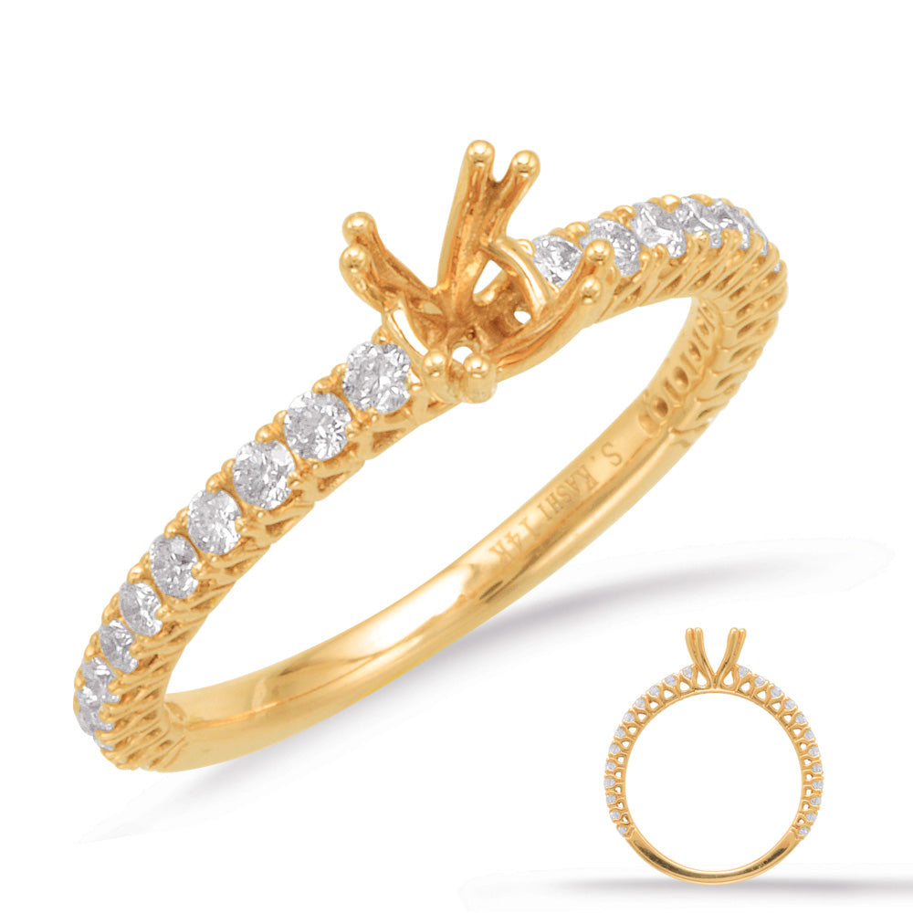 This Engagement Ring  is available in 14K Yellow Gold. There are a total of 24 stones. There are Rounds with a total carat weight of 0.38 set in a Micro Prong setting.