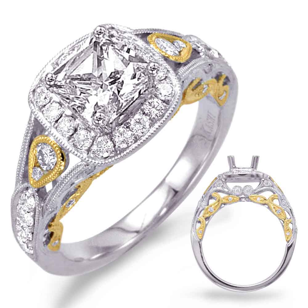 This Engagement Ring  is available in 14K Yellow & White Gold. There are a total of 52 stones. There are Rounds with a total carat weight of 0.66 set in a Bezel Set|Micro Pave setting.