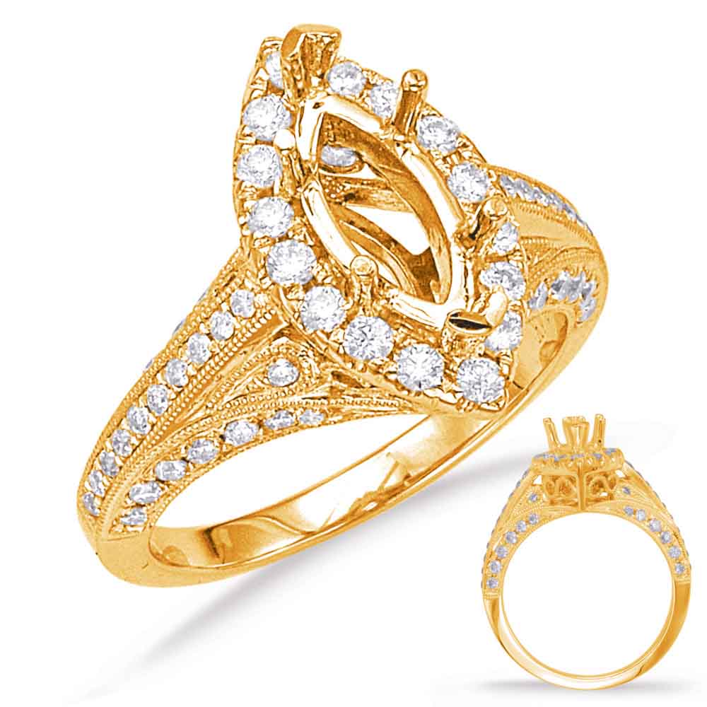 This Engagement Ring  is available in 14K Yellow Gold. There are a total of 64 stones. There are Rounds with a total carat weight of 0.67 set in a Micro Pave|Micro Prong setting.