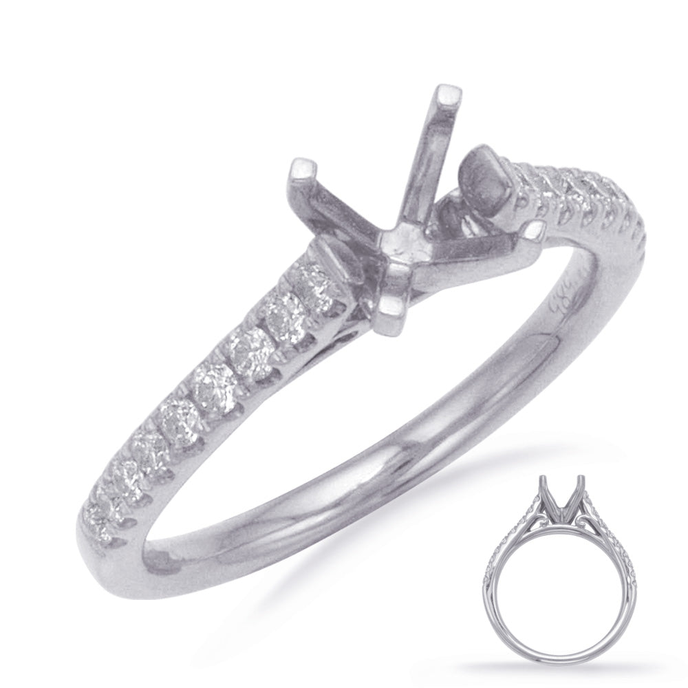 This Engagement Ring  is available in 14K White Gold. There are a total of 18 stones. There are Rounds with a total carat weight of 0.27 set in a Prong Set setting.
