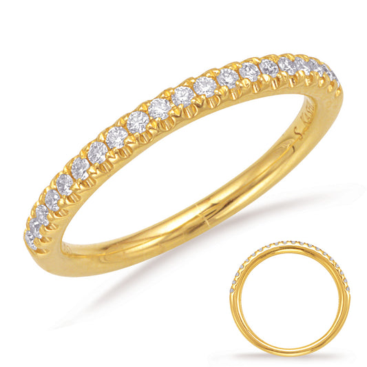 This Band is available in 14K Yellow Gold. There are a total of 20 stones. There are Round with a total carat weight of 0.21 set in a Prong Set setting.