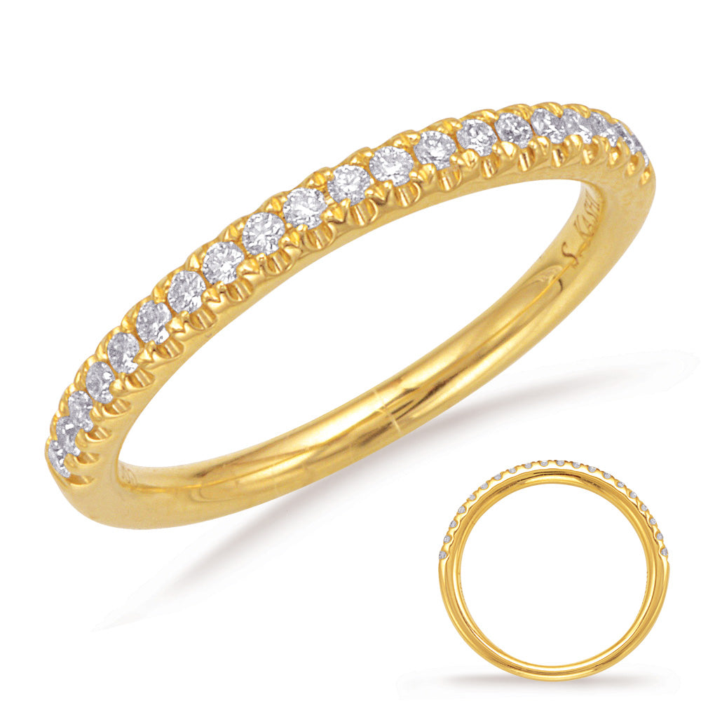 This Band is available in 14K Yellow Gold. There are a total of 20 stones. There are Round with a total carat weight of 0.21 set in a Prong Set setting.