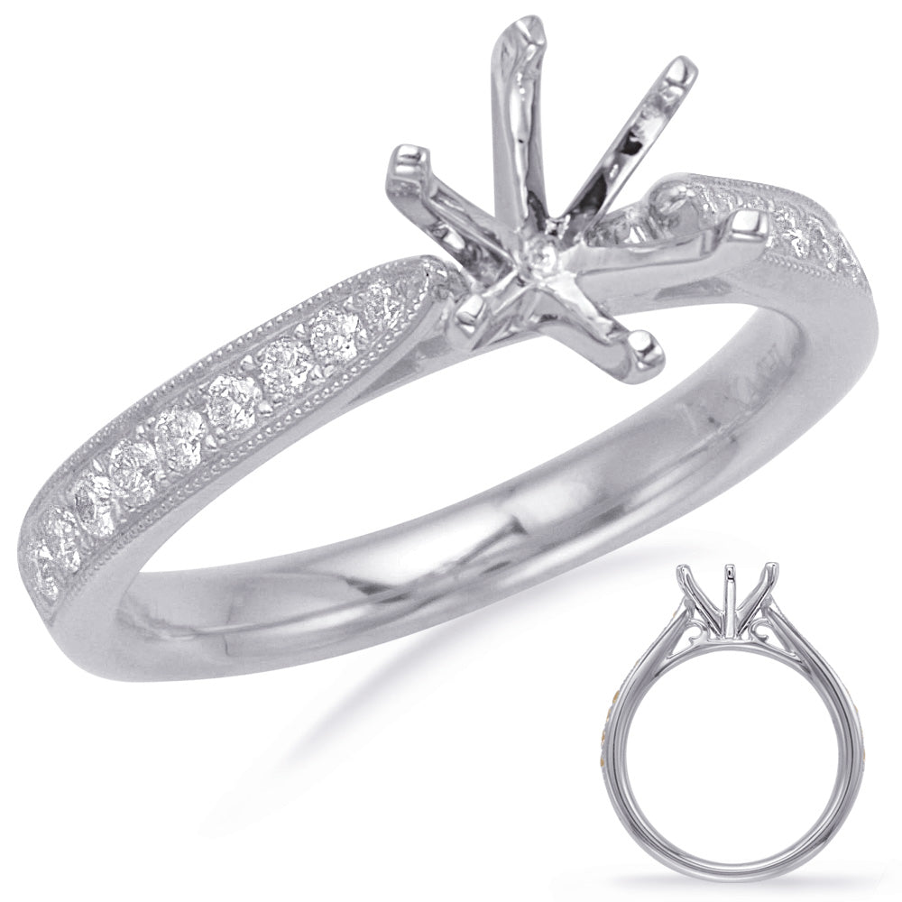 This Engagement Ring  is available in 14K White Gold. There are a total of 18 stones. There are Rounds with a total carat weight of 0.25 set in a Micro Prong setting.