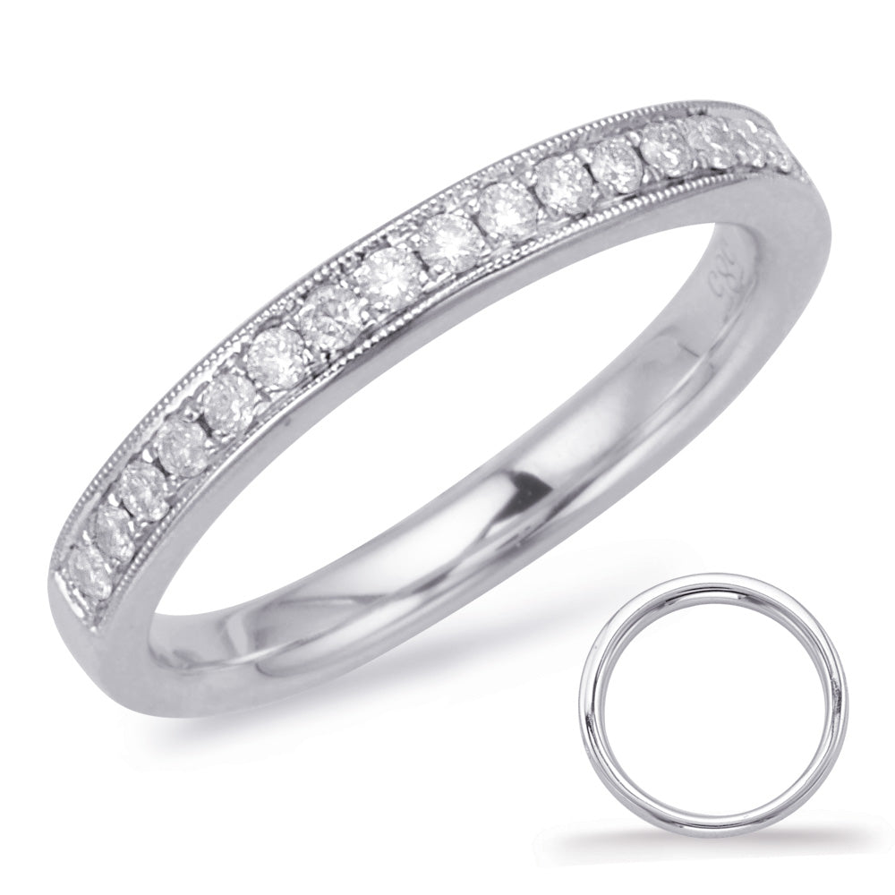 This Band is available in 14K White Gold. There are a total of 21 stones. There are Round with a total carat weight of 0.25 set in a Prong Set setting.