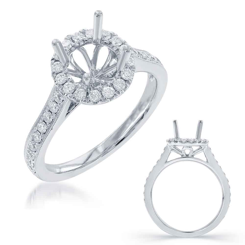 This Engagement Ring  is available in 14K White Gold. There are a total of 32 stones. There are Rounds with a total carat weight of 0.5 set in a Micro Prong setting.