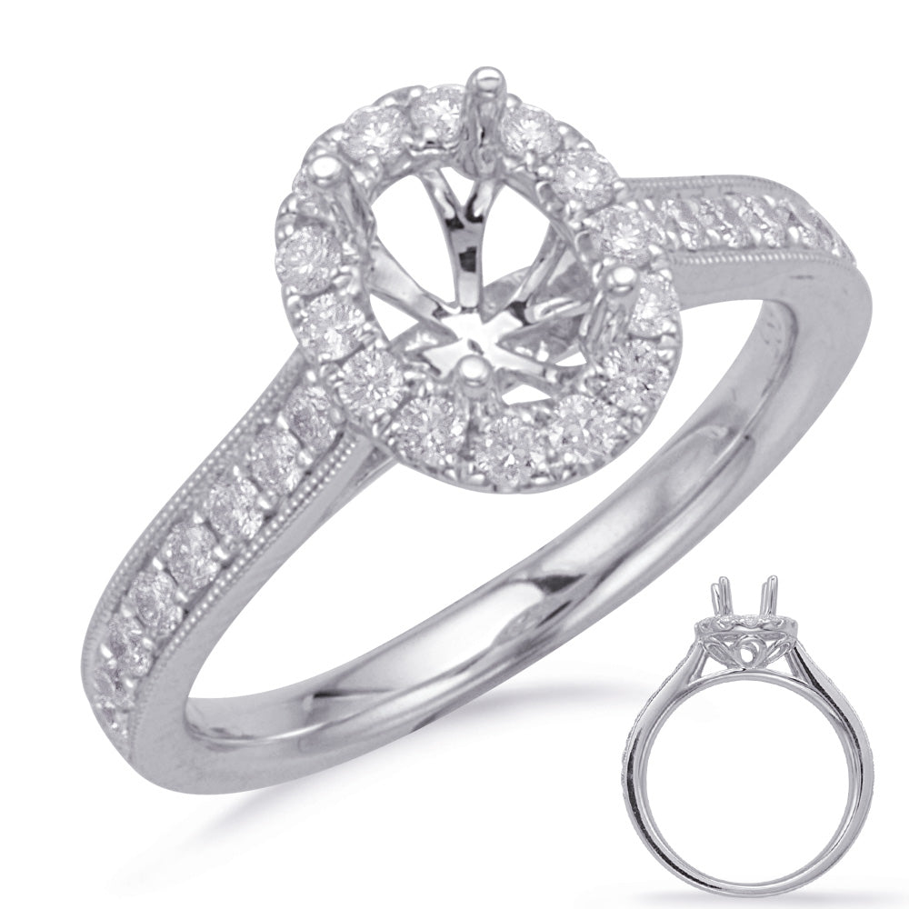 This Engagement Ring  is available in 14K White Gold. There are a total of 30 stones. There are Rounds with a total carat weight of 0.47 set in a Micro Prong setting.