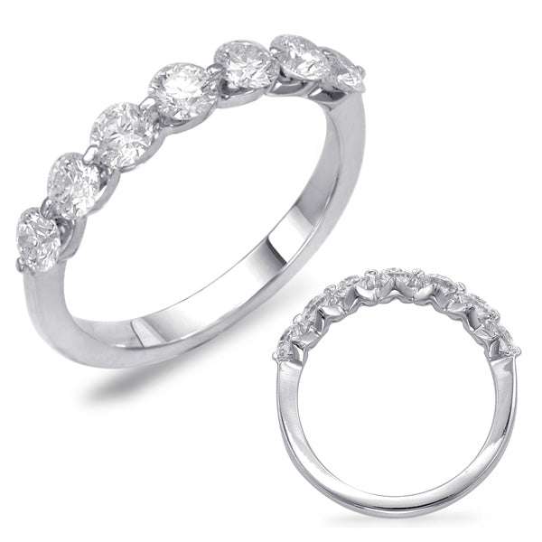 This Band is available in 14K White Gold. There are a total of 7 stones. There are Round with a total carat weight of 0.79 set in a Shared Prongs setting.