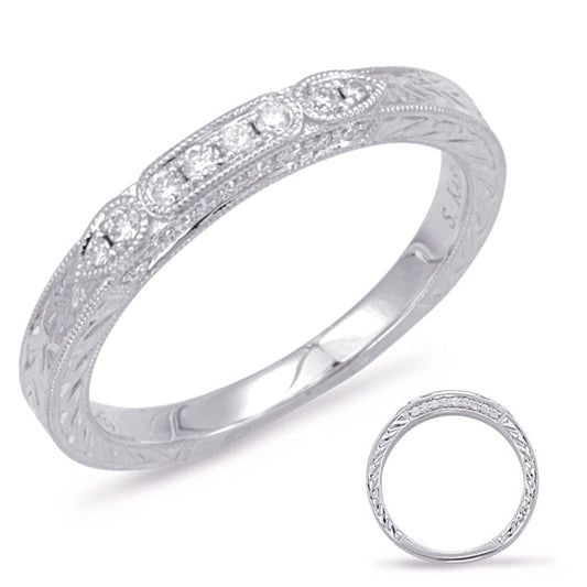 This Band is available in 14K White Gold. There are a total of 26 stones. There are Round with a total carat weight of 0.18 set in a Micro Pave|Micro Prong setting.