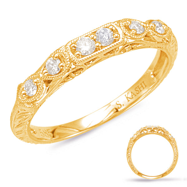 This Band is available in 14K Yellow Gold. There are a total of 6 stones. There are Round with a total carat weight of 0.09 set in a Prong Set setting.