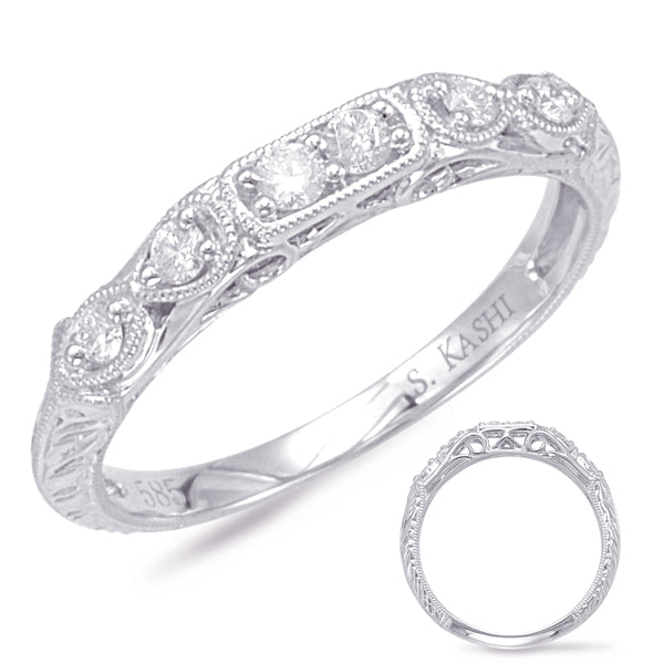 This Band is available in 14K White Gold. There are a total of 6 stones. There are Round with a total carat weight of 0.14 set in a Prong Set setting.