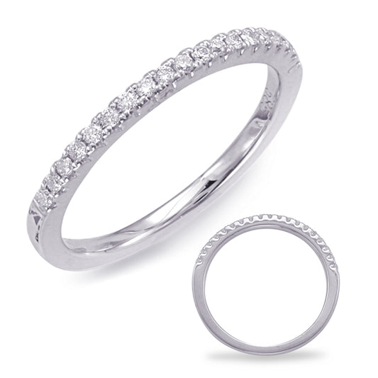 This Band is available in 14K White Gold. There are a total of 19 stones. There are Round with a total carat weight of 0.11 set in a Micro Prong setting.
