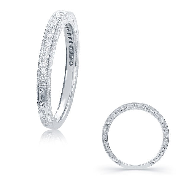 This Band is available in 14K White Gold. There are a total of 26 stones. There are Round with a total carat weight of 0.17 set in a Micro Prong|Shared Prongs setting.