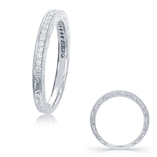 This Band is available in 14K White Gold. There are a total of 26 stones. There are Round with a total carat weight of 0.17 set in a Micro Prong|Shared Prongs setting.