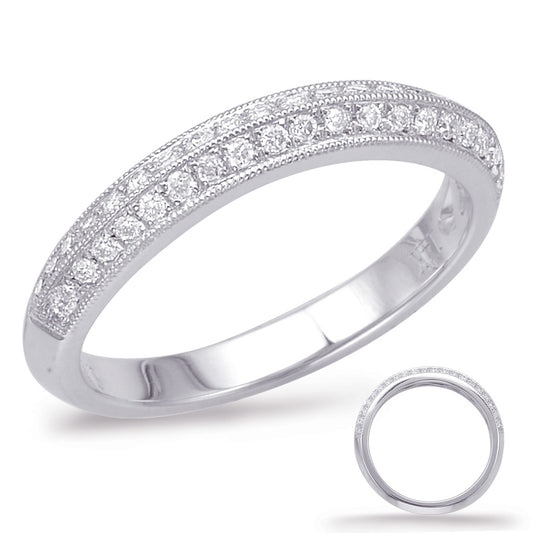 This Band is available in 14K White Gold. There are a total of 42 stones. There are Round with a total carat weight of 0.25 set in a Channel Set|Micro Pave setting.