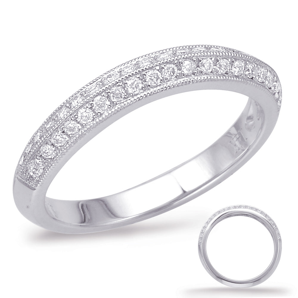 This Band is available in 14K White Gold. There are a total of 42 stones. There are Round with a total carat weight of 0.25 set in a Channel Set|Micro Pave setting.
