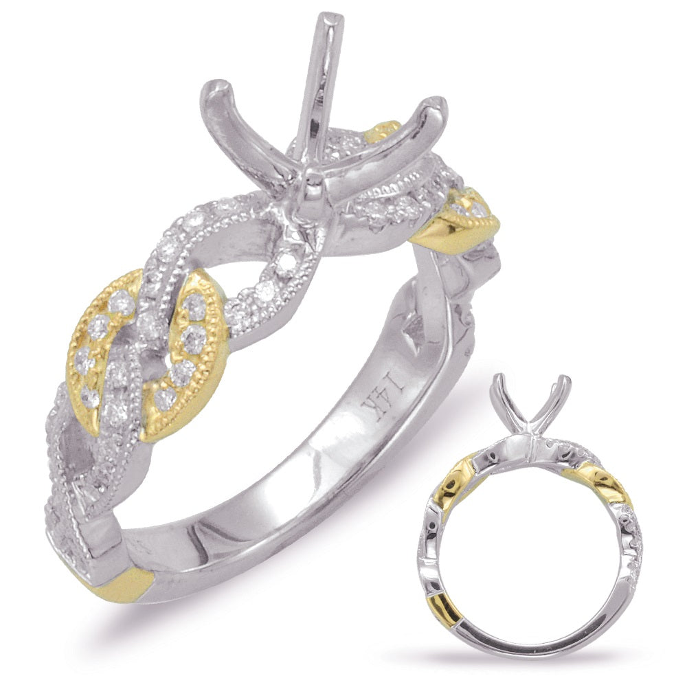 This Engagement Ring  is available in 14K Yellow & White Gold. There are a total of 59 stones. There are Rounds with a total carat weight of 0.36 set in a Micro Pave setting.