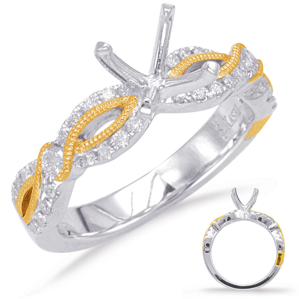 This Engagement Ring  is available in 14K Yellow & White Gold. There are a total of 37 stones. There are Rounds with a total carat weight of 0.37 set in a Bezel Set|Prong Set setting.