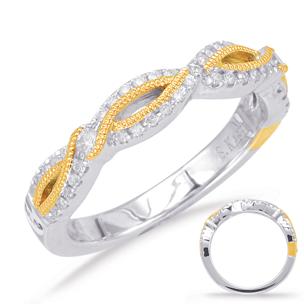 This Band is available in 14K Yellow & White Gold. There are a total of 50 stones. There are Round with a total carat weight of 0.26 set in a Bezel Set|Prong Set setting.