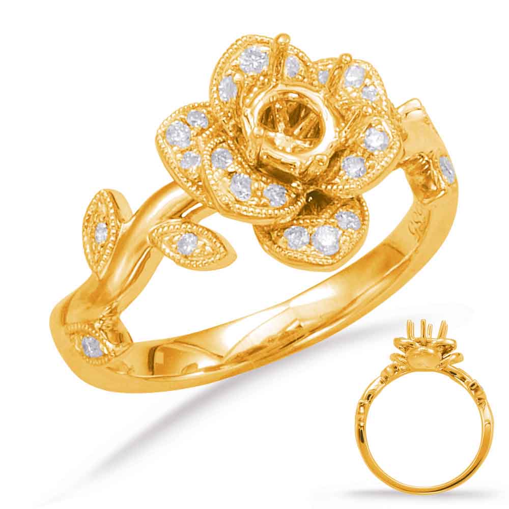 This Engagement Ring  is available in 14K Yellow Gold. There are a total of 24 stones. There are Rounds with a total carat weight of 0.19 set in a Micro Prong setting.