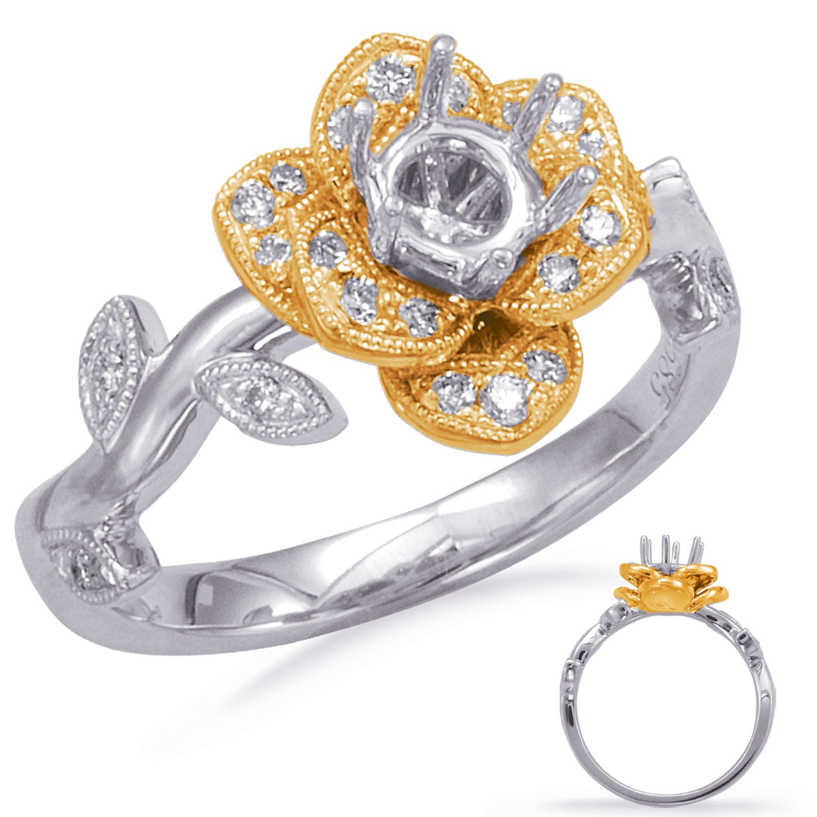 This Engagement Ring  is available in 14K Yellow & White Gold. There are a total of 24 stones. There are Rounds with a total carat weight of 0.23 set in a Micro Prong setting.