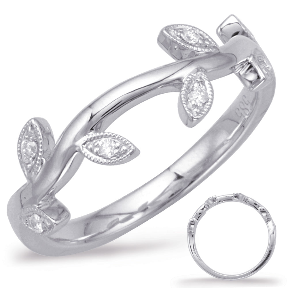 This Band is available in 14K White Gold. There are a total of 7 stones. There are Round with a total carat weight of 0.09 set in a Micro Pave setting.