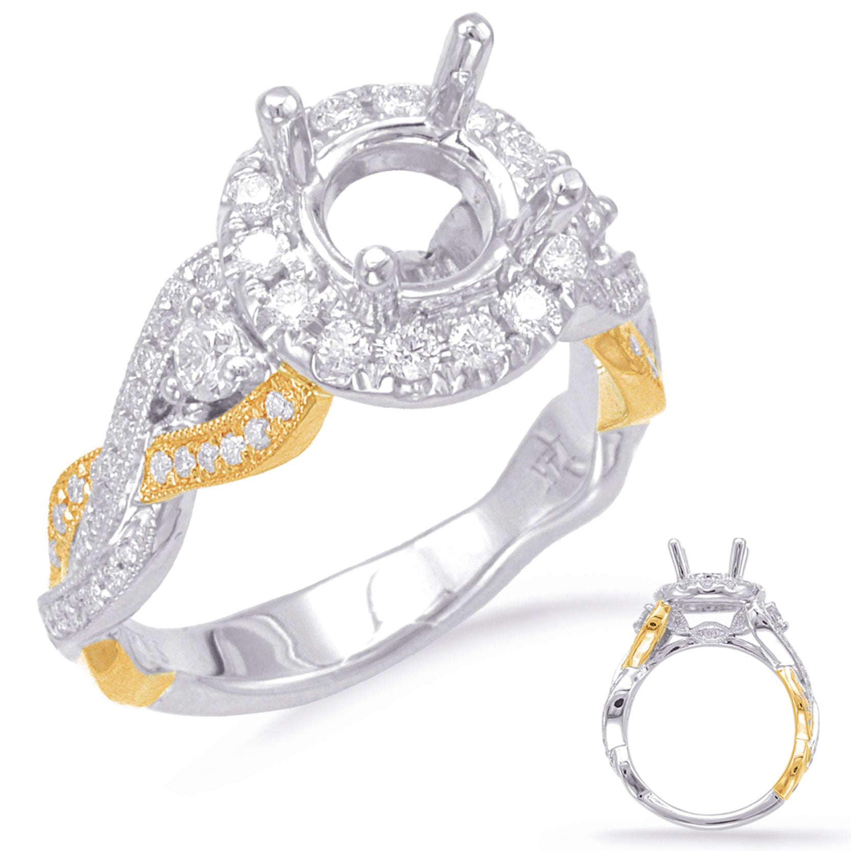 This Engagement Ring  is available in 14K Yellow & White Gold. There are a total of 79 stones. There are Rounds with a total carat weight of 0.68 set in a Bezel Set|Micro Pave|Prong Set setting.