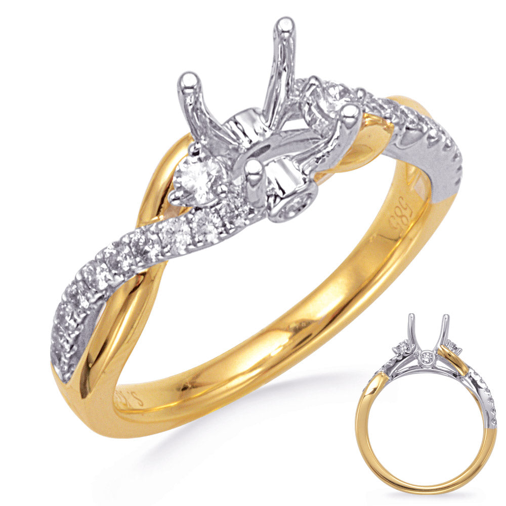 This Engagement Ring  is available in 14K Yellow & White Gold. There are a total of 24 stones. There are Rounds with a total carat weight of 0.42 set in a Bezel Set|Micro Prong|Prong Set setting.