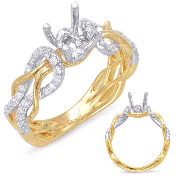 This Engagement Ring  is available in 14K Yellow & White Gold. There are a total of 46 stones. There are Rounds with a total carat weight of 0.35 set in a Bezel Set|Micro Prong setting.