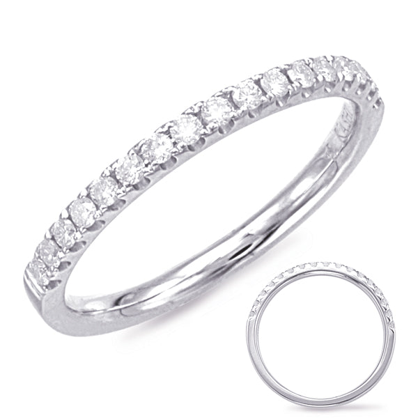 This Band is available in 14K White Gold. There are a total of 17 stones. There are Round with a total carat weight of 0.22 set in a Micro Prong setting.
