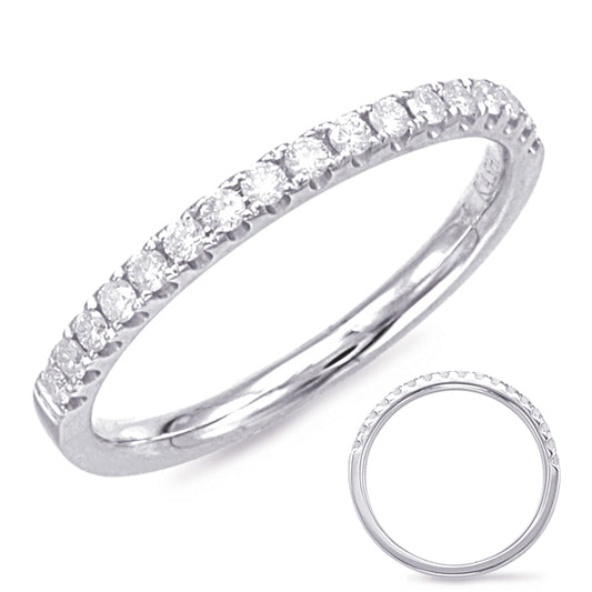 This Band is available in 14K White Gold. There are a total of 17 stones. There are Round with a total carat weight of 0.22 set in a Micro Prong setting.