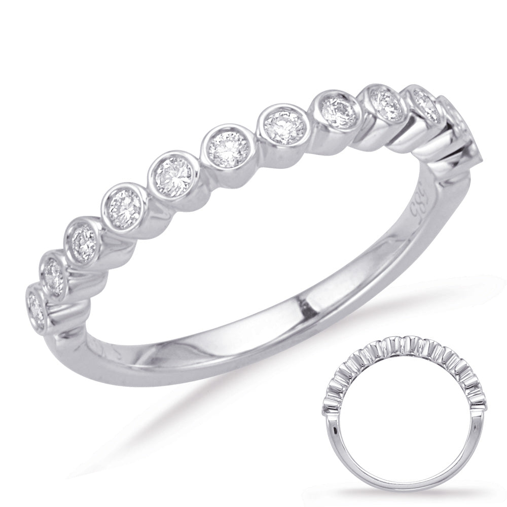 This Band is available in 14K White Gold. There are a total of 12 stones. There are Round with a total carat weight of 0.25 set in a Bezel Set setting.
