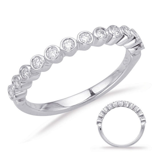 This Band is available in 14K White Gold. There are a total of 12 stones. There are Round with a total carat weight of 0.25 set in a Bezel Set setting.